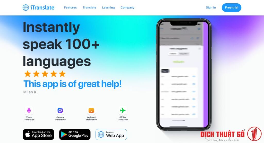App dịch tiếng Anh sang tiếng Việt iTranslator