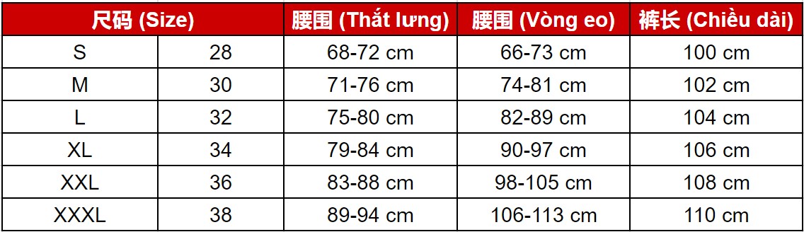 bảng size quần nam trung quốc đầy đủ