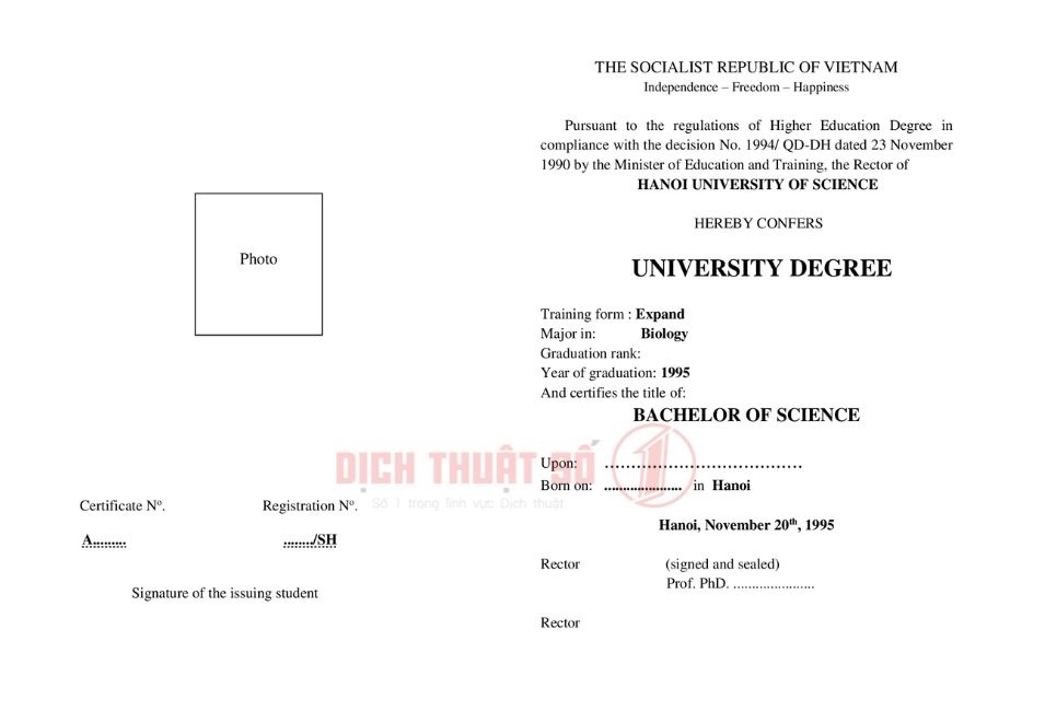 Mẫu bản dịch bằng đại học sang tiếng Anh