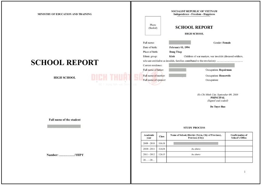 Mẫu dịch học bạ cấp 3 sang tiếng Anh - DTS1