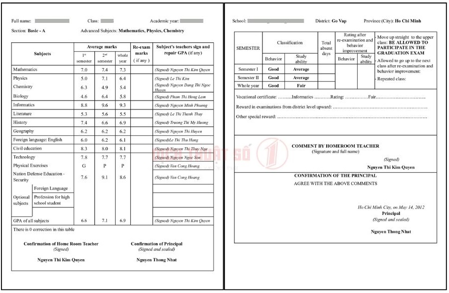 mẫu dịch thuật công chứng học bạ cấp 3, trang cuối