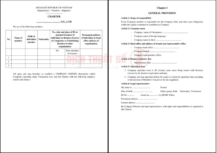 mẫu dịch điều lệ công ty tnhh sang tiếng anh