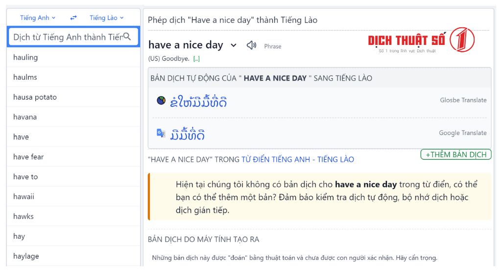 Glosbe là công cụ dịch thuật tiếng Anh sang tiếng Lào trực tuyến