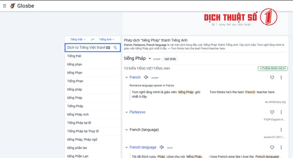 Glosbe.com là công cụ dịch thuật tiếng Pháp sang tiếng Anh miễn phí